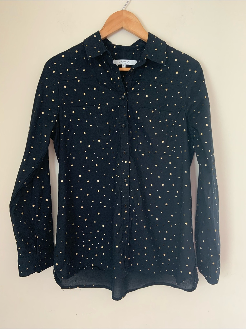 Foxcroft Black Gold Polka Dot Print Cotton Button Down Shirt 8